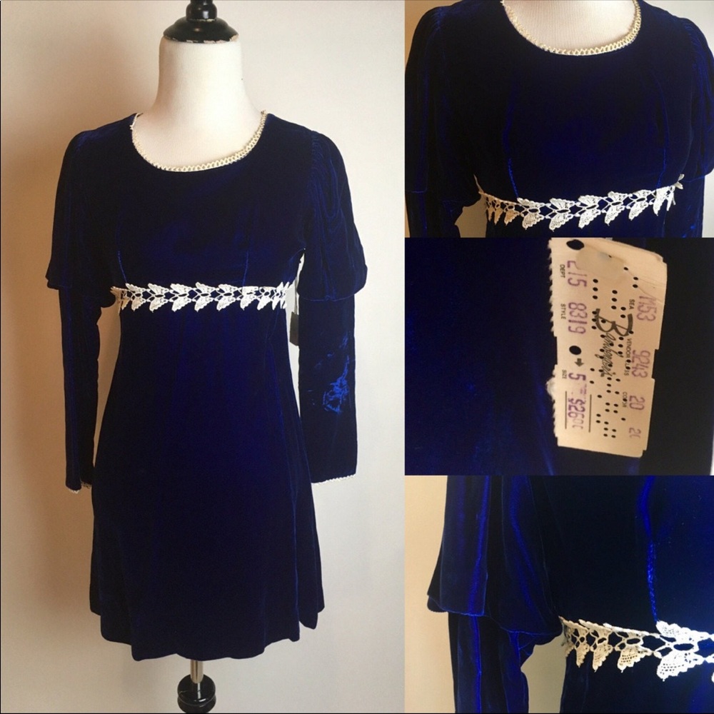 Xs/S 1960s Deadstock Blue Velvet Mini Dress